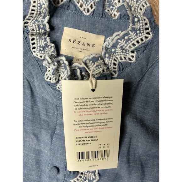 Sezane NWT Chloe Shirt in Chambray Blue Size 38 or Medium Embroidered Blouse - Picture 4 of 8